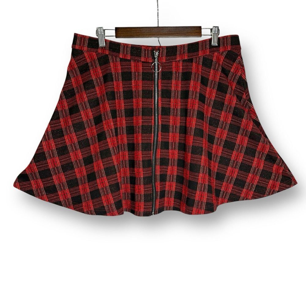 Plaid Flannel A-Line Zip Up High Waisted Skater Punk Y2K Skirt Red XL